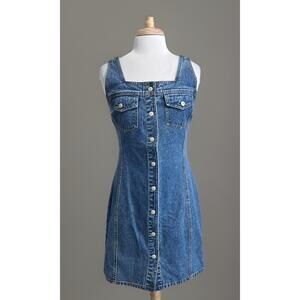 Espirit Denim Bodycon Jumper Dress Sz 9/10 Vtg 90s Y2K Jean Snap Buttons Rock